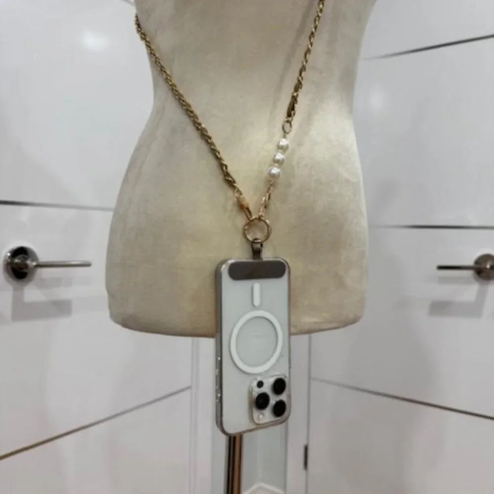 Tan Faux Pearl & Leather Chain Crossbody Phone Lanyard NEW